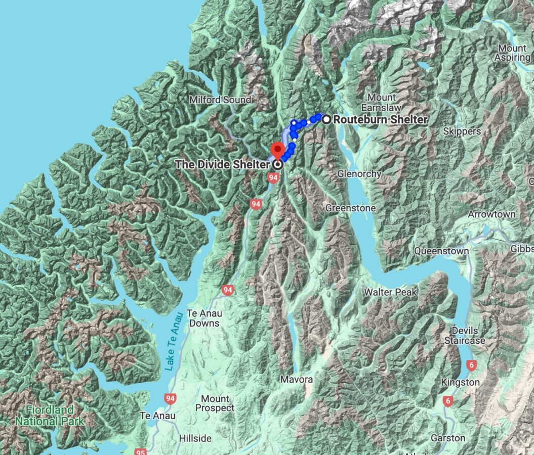 A map of the Routeburn Track in New Zealand.